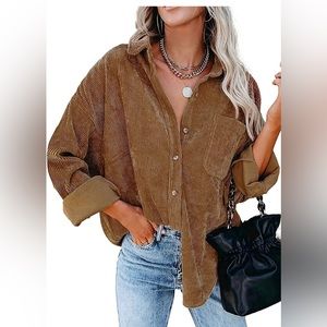 Womens Corduroy Shirt Oversized Button Down Blouse Long Sleeve Shacket Lapel